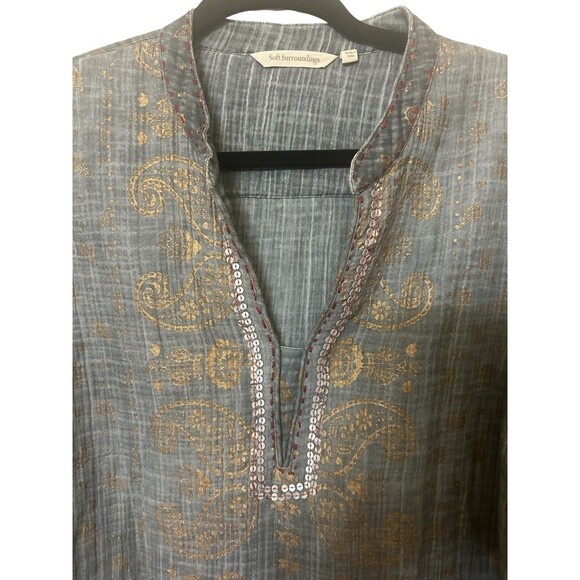 Soft Surroundings Katavi Tunic Top Grey Cotton Gauzy Gold Paisley Sequin Boho PL - Picture 4 of 10